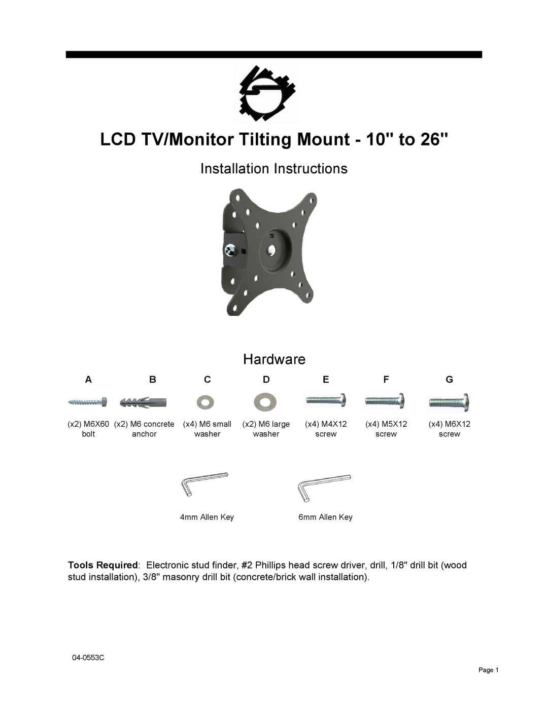 SIIG CEMT0A12S1 installation instructions LCD TV/Monitor Tilting Mount 10 to 