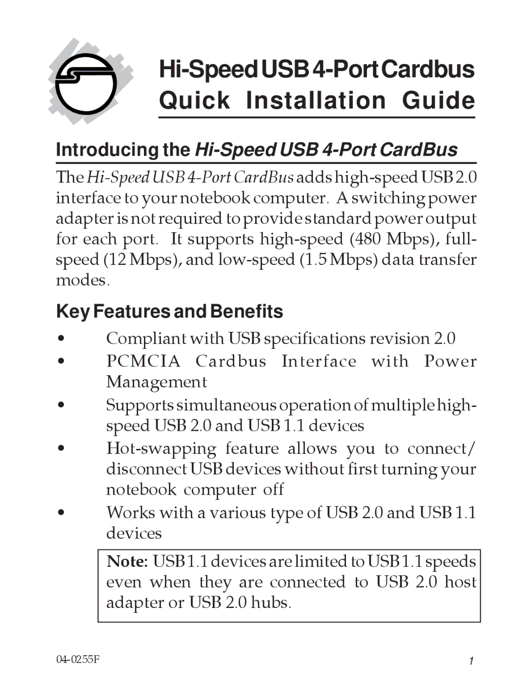 SIIG Computer Drive specifications Hi-SpeedUSB4-PortCardbus Quick Installation Guide, Key Features and Benefits 