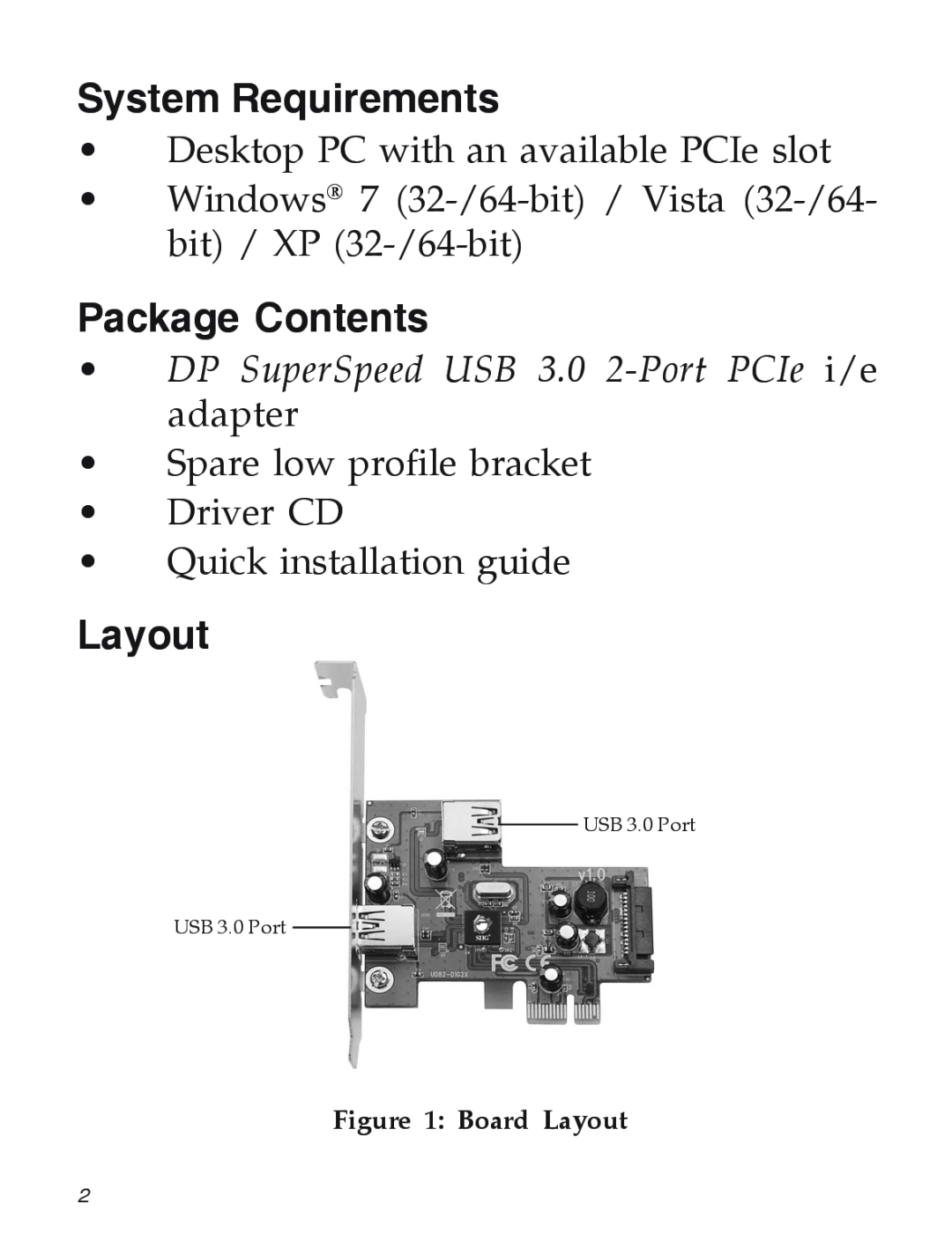 SIIG EX2101 manual System Requirements, Package Contents, DP SuperSpeed USB 3.0 2-Port PCIe i/e adapter, Board Layout 