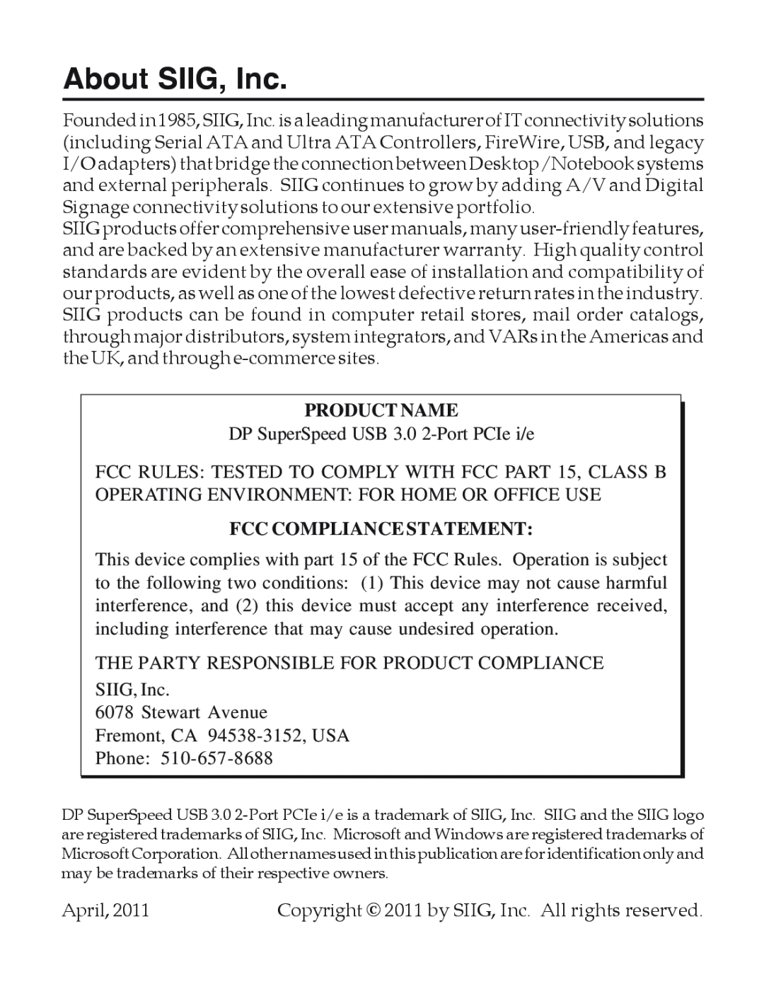 SIIG EX2101 manual About SIIG, Inc, Product Name, Fcc Compliance Statement 