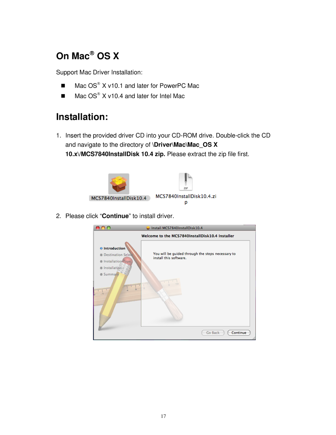 SIIG ID-SC0711-S1, ID-SC0811-S1, ID-SC0511-S1, ID-SC0611-S1 manual On Mac OS, Installation 