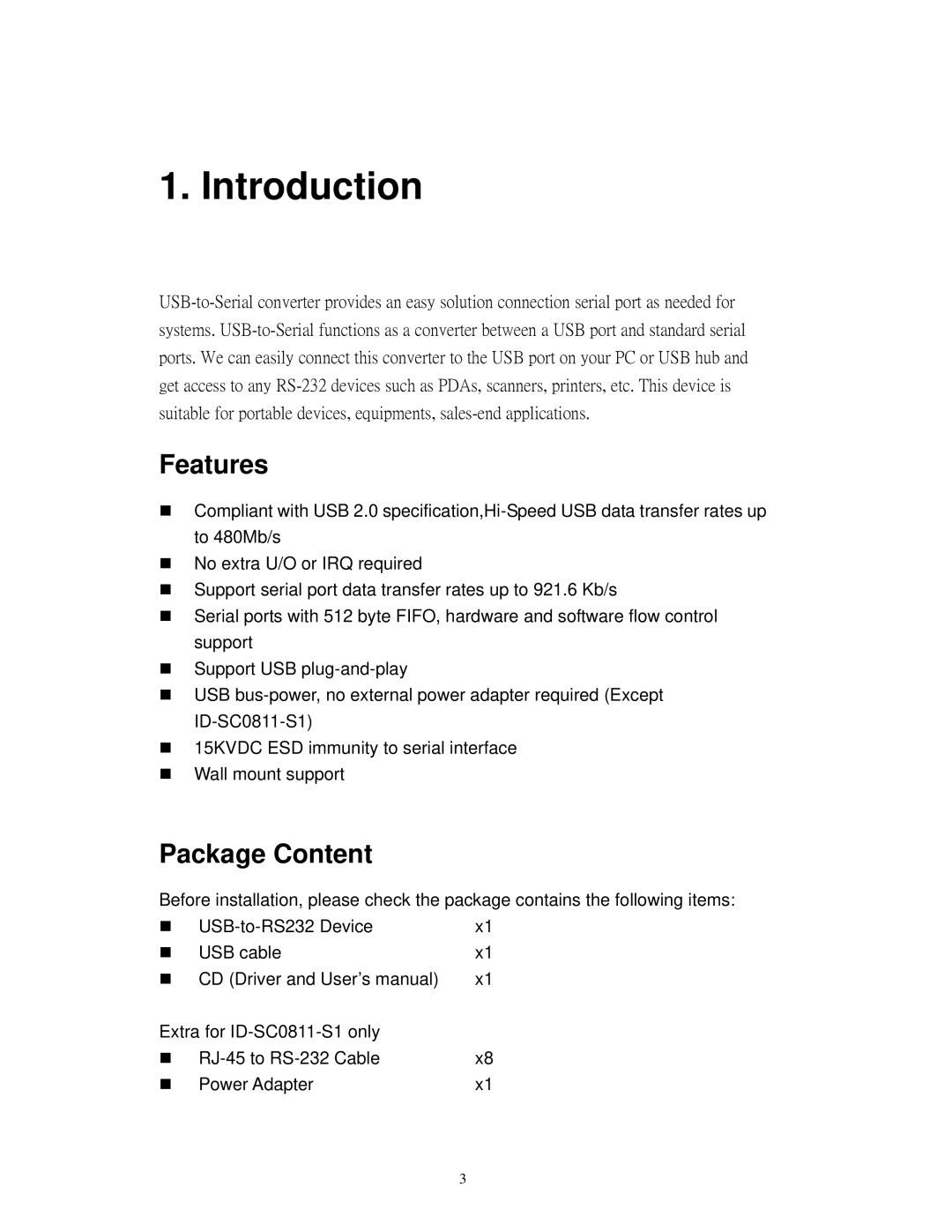 SIIG ID-SC0611-S1, ID-SC0811-S1, ID-SC0711-S1, ID-SC0511-S1 manual Introduction, Features, Package Content 