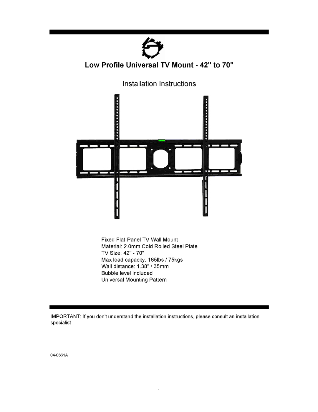 SIIG L2756 installation instructions Low Profile Universal TV Mount 42 to 