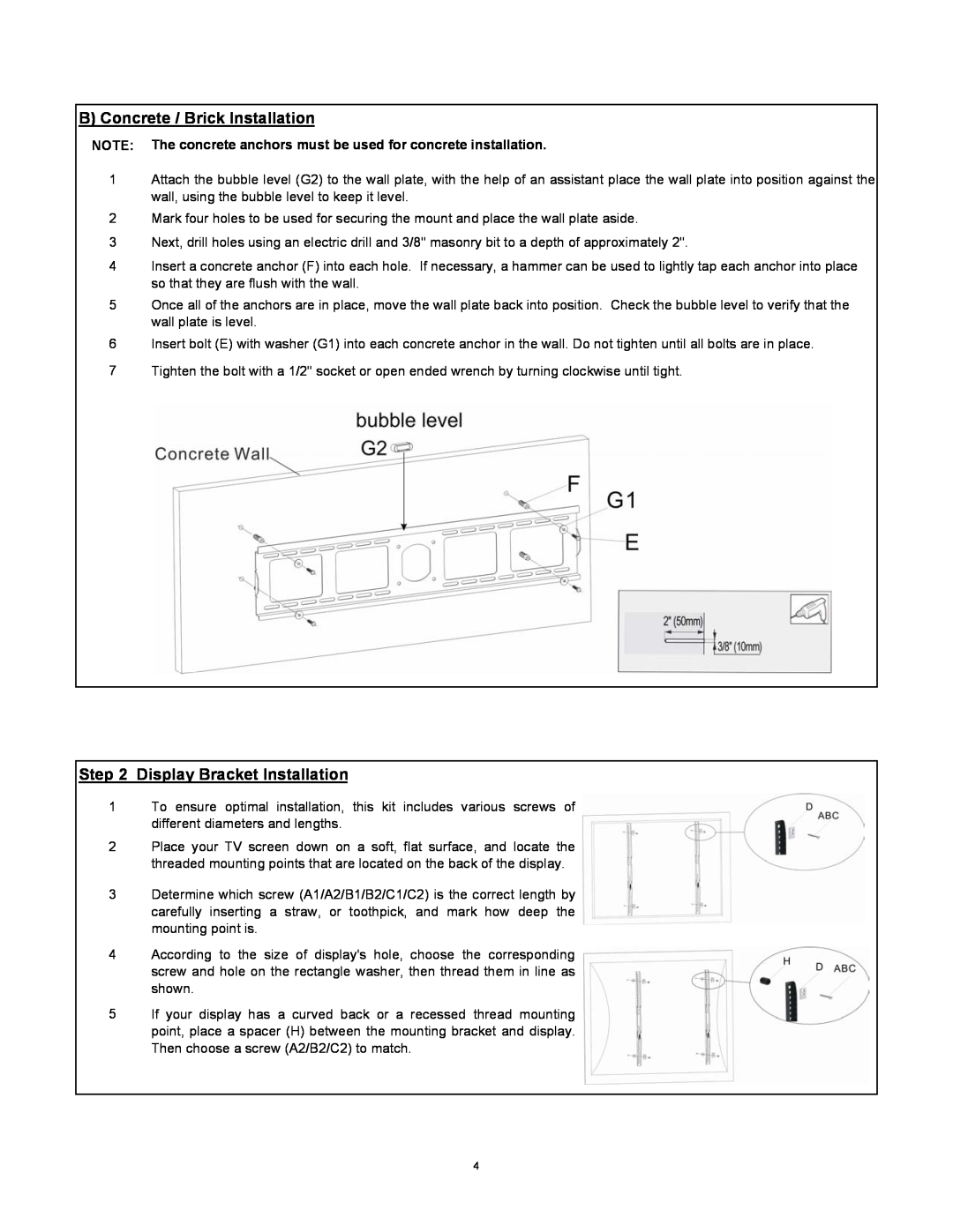 SIIG L2756 installation instructions B Concrete / Brick Installation, Display Bracket Installation 