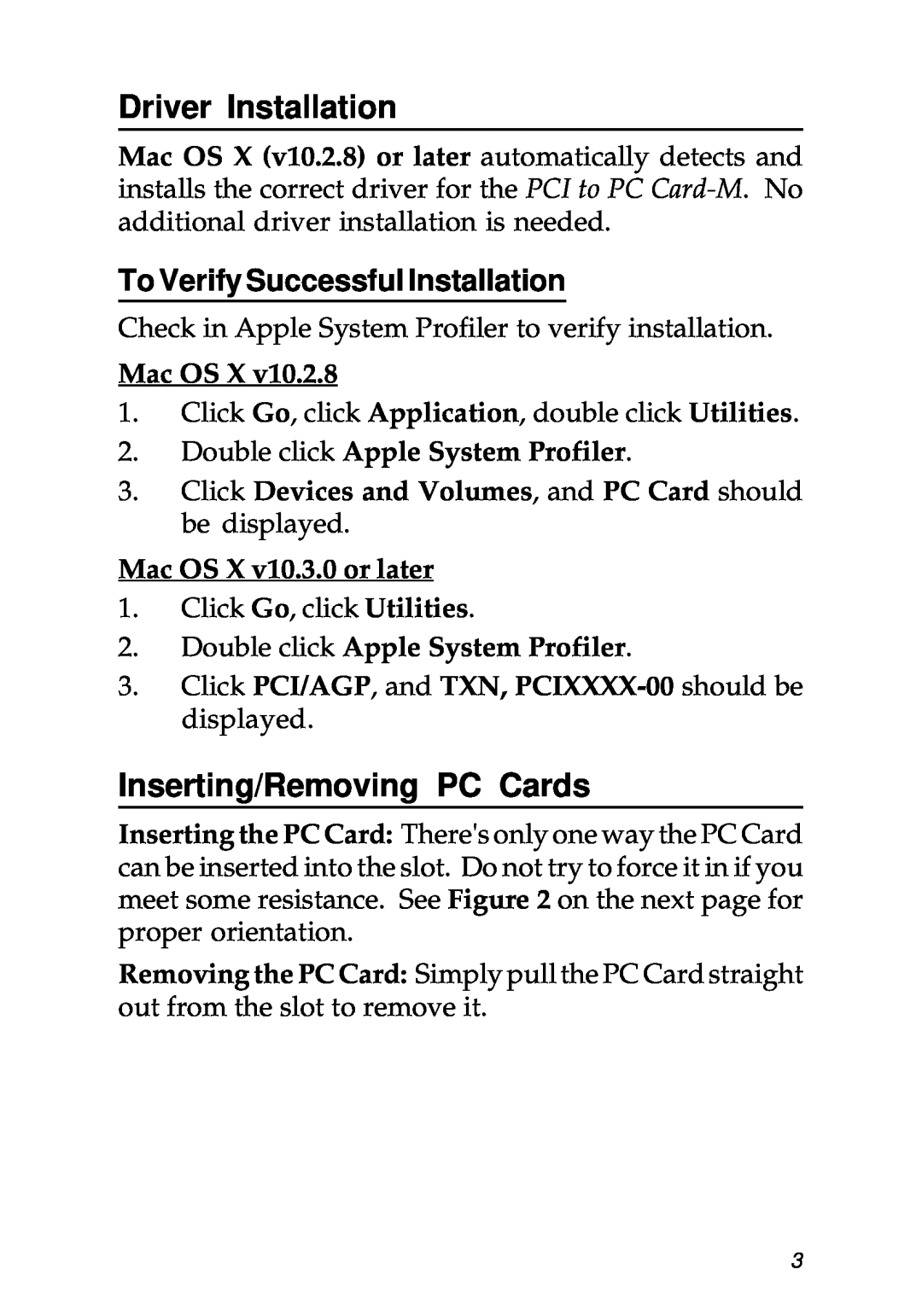 SIIG Network Card manual Driver Installation, Inserting/Removing PC Cards, To Verify Successful Installation, Mac OS X 
