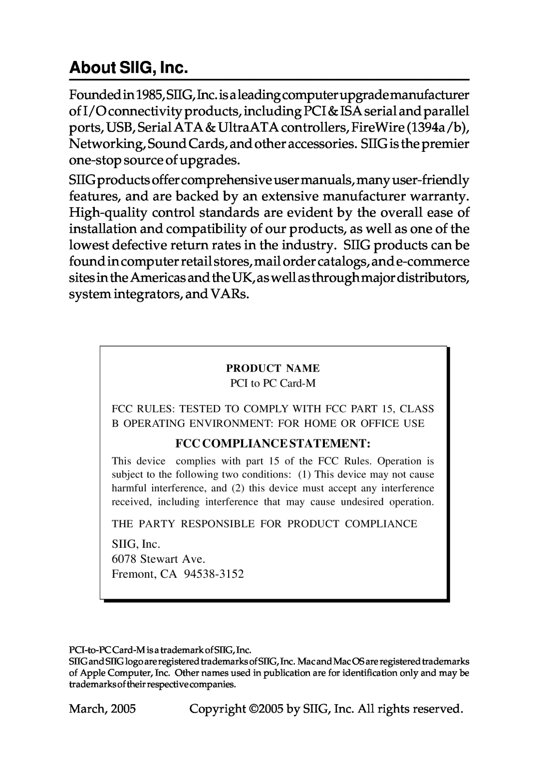 SIIG Network Card manual About SIIG, Inc, Fcc Compliance Statement 