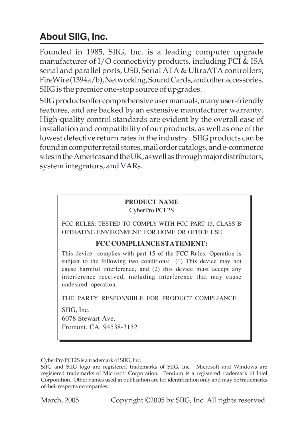 SIIG PCI 2S manual About SIIG, Inc 