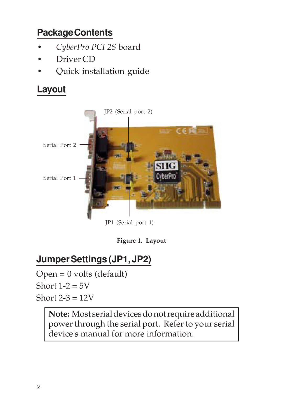 SIIG PCI 2S manual PackageContents, Layout, Jumper Settings JP1, JP2 