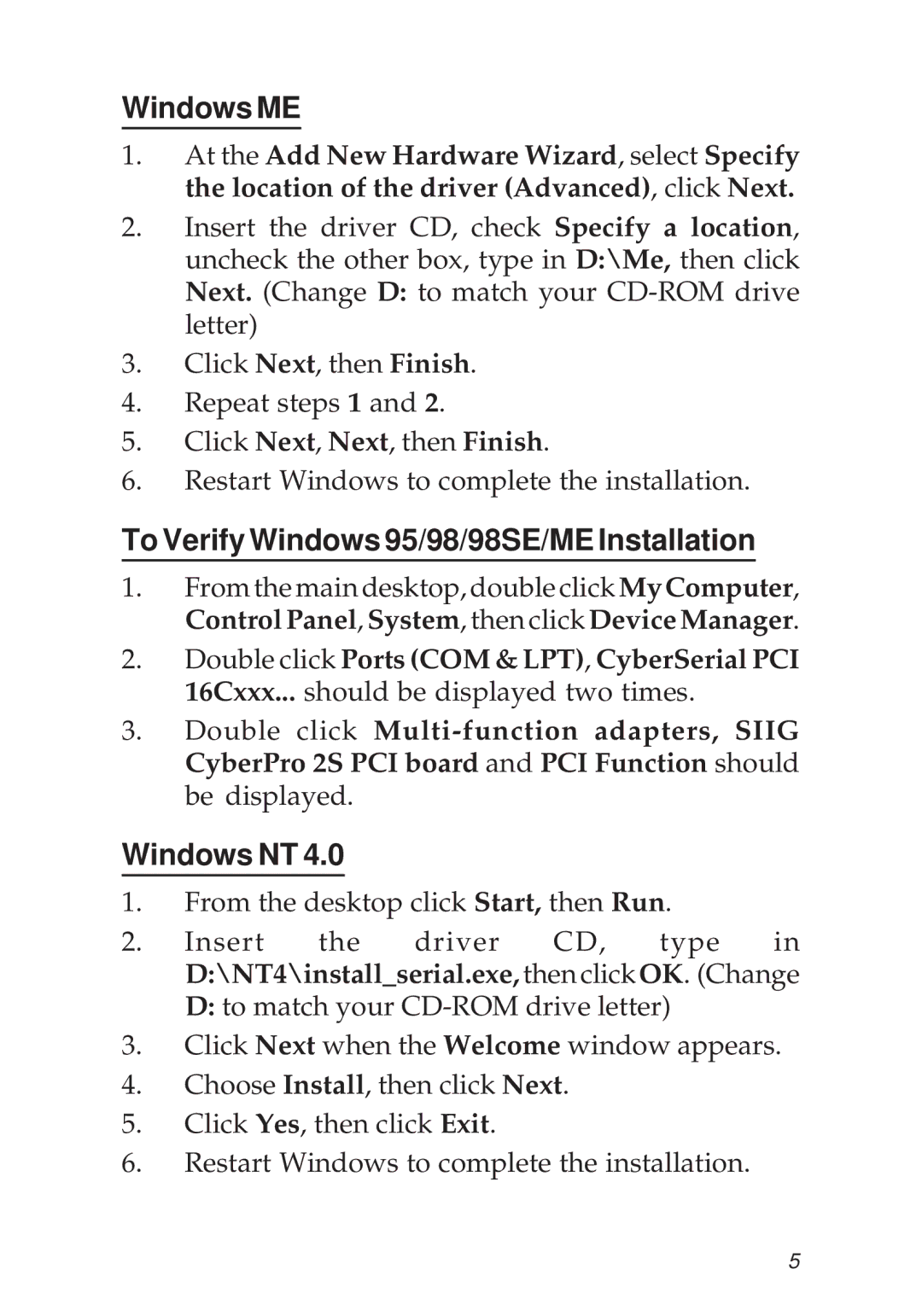 SIIG PCI 2S manual Windows ME, To Verify Windows 95/98/98SE/ME Installation, Windows NT 