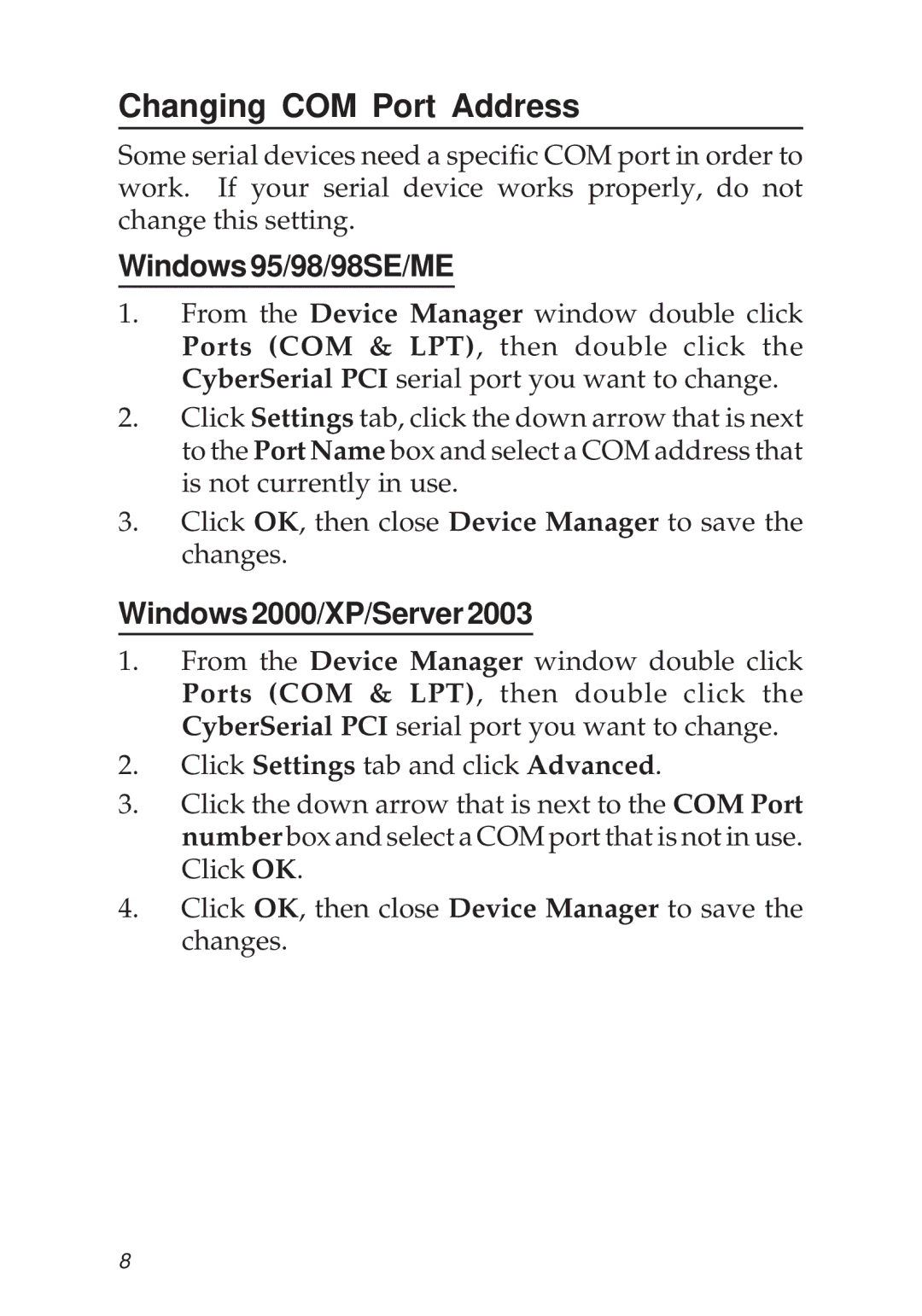 SIIG PCI 2S manual Changing COM Port Address, Windows95/98/98SE/ME, Windows2000/XP/Server2003 