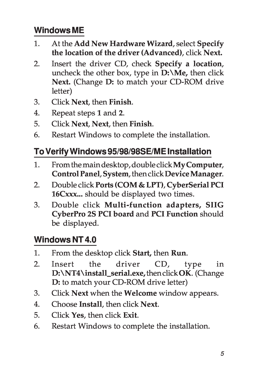 SIIG PCI 2S manual Windows ME, To Verify Windows 95/98/98SE/ME Installation, Windows NT 