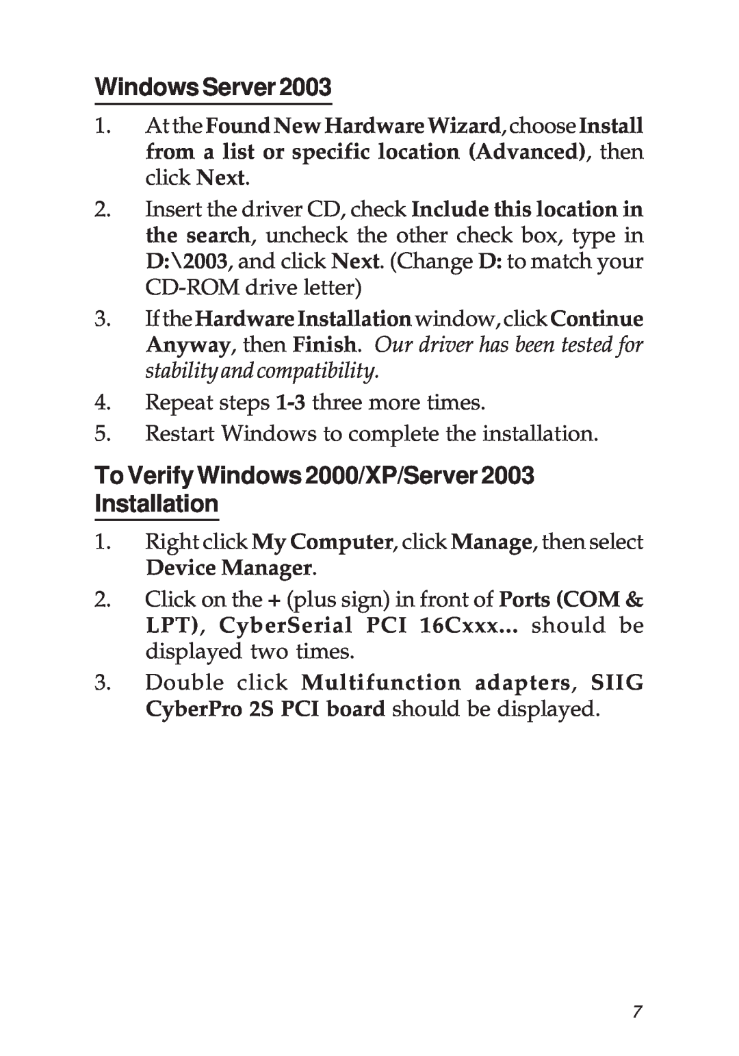 SIIG PCI 2S manual Windows Server, To Verify Windows 2000/XP/Server Installation 