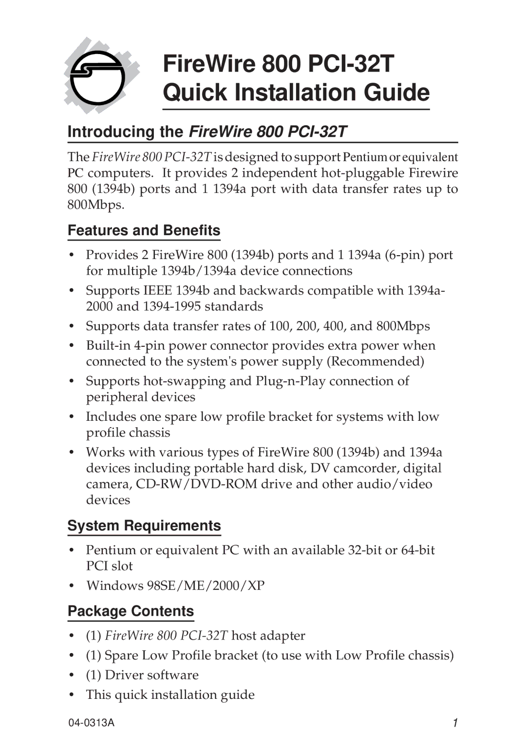 SIIG PCI-32T manual Features and Benefits, System Requirements, Package Contents 