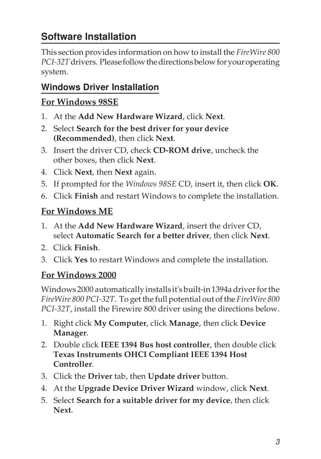 SIIG PCI-32T manual Software Installation, Windows Driver Installation, For Windows 98SE, For Windows ME 