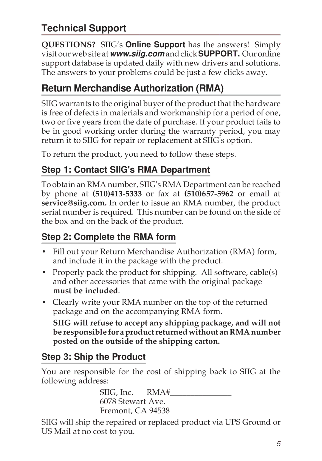 SIIG PCI-32T Technical Support Return Merchandise Authorization RMA, Contact SIIGs RMA Department, Complete the RMA form 