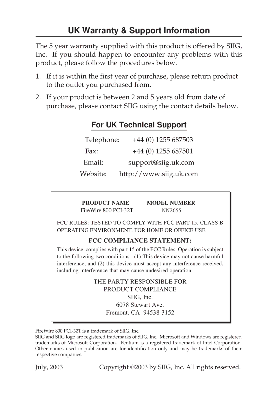 SIIG PCI-32T manual UK Warranty & Support Information, For UK Technical Support 