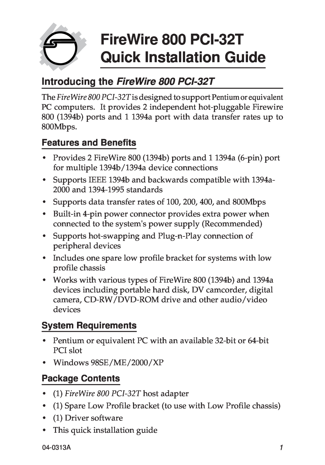 SIIG manual Features and Benefits, System Requirements, Package Contents, FireWire 800 PCI-32T host adapter 