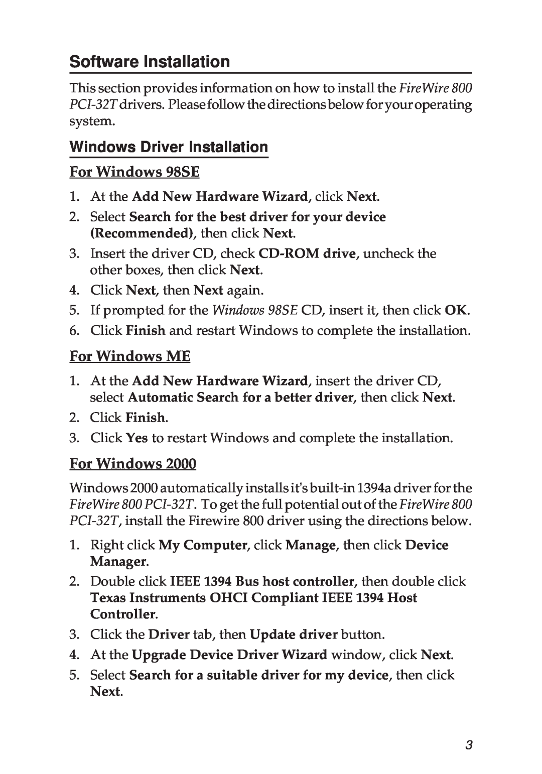 SIIG PCI-32T manual Software Installation, Windows Driver Installation, For Windows 98SE, For Windows ME 