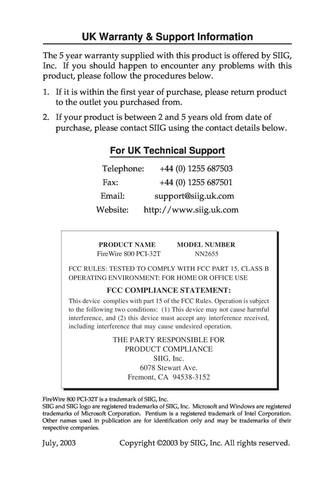 SIIG PCI-32T manual UK Warranty & Support Information, For UK Technical Support 