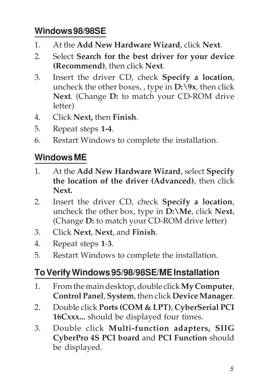 SIIG PCI 4S manual Windows98/98SE, Windows ME, To Verify Windows 95/98/98SE/ME Installation 