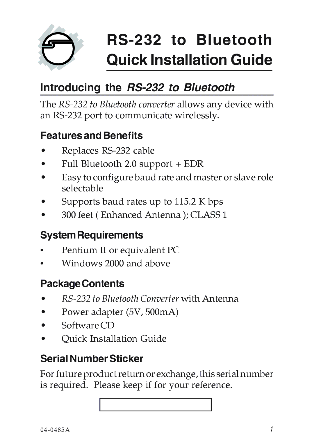 SIIG RS-232 manual Features and Benefits, SystemRequirements, PackageContents, Serial Number Sticker 