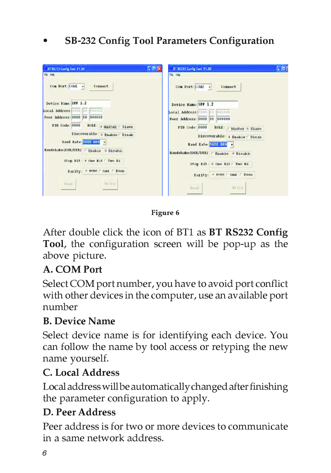 SIIG RS-232 manual SB-232 Config Tool Parameters Configuration, COM Port, Device Name, Local Address, Peer Address 