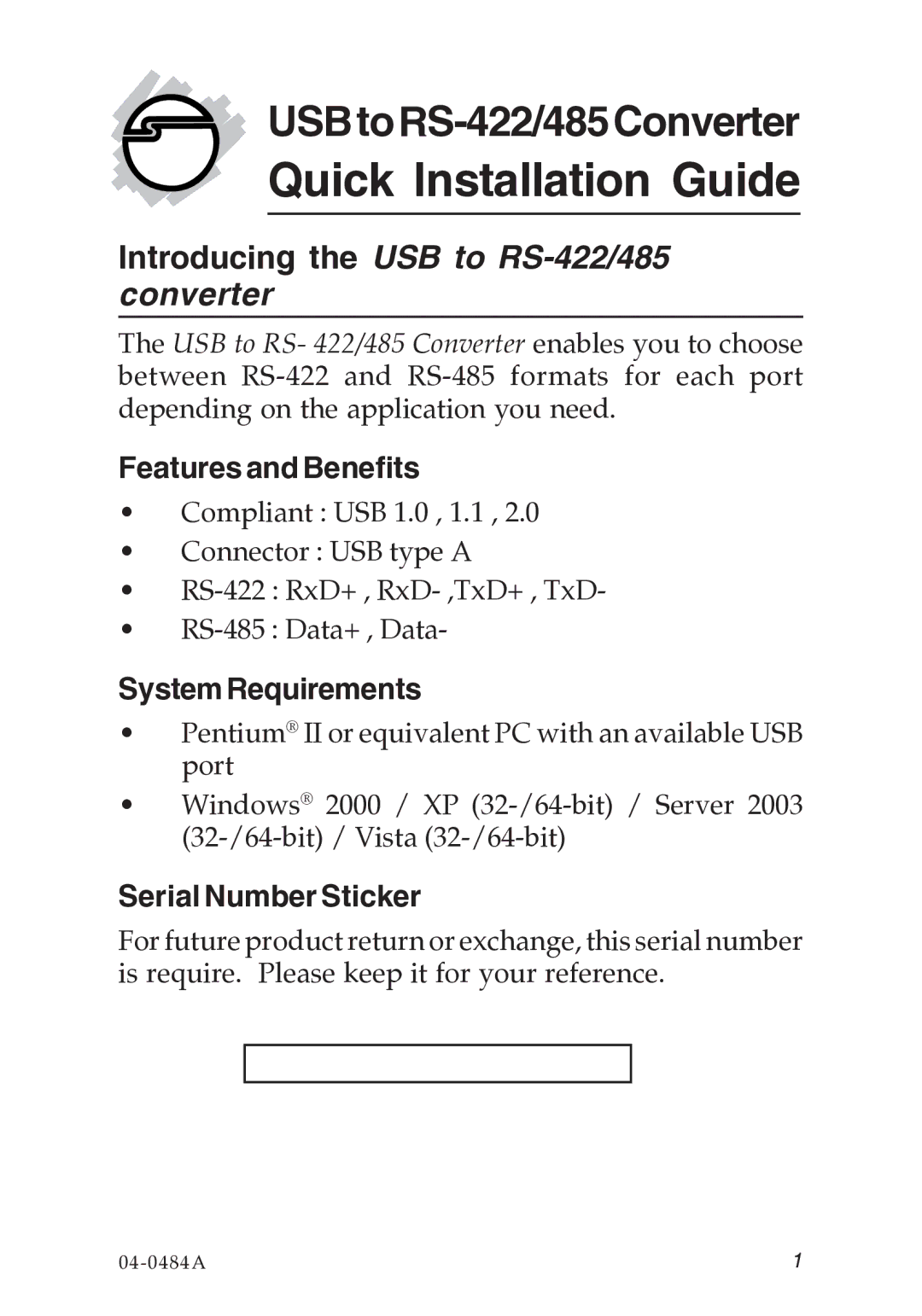 SIIG RS-485 manual Introducing the USB to RS-422/485 converter, Features and Benefits, SystemRequirements 