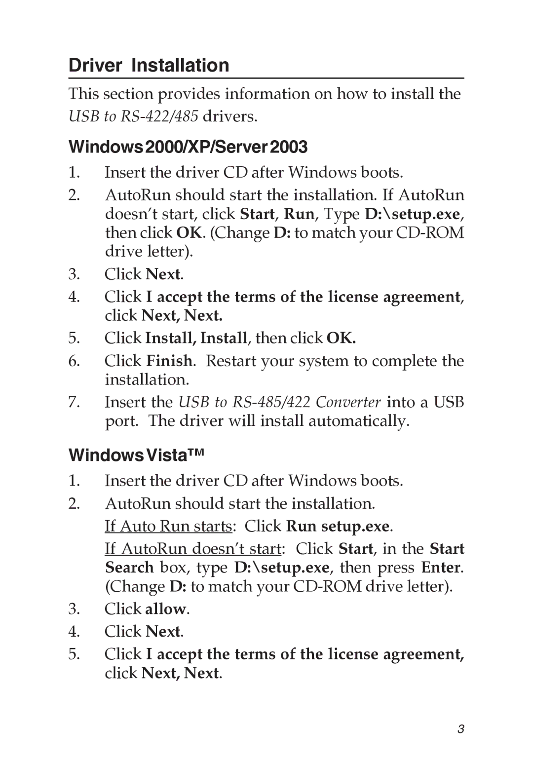 SIIG RS-422, RS-485 manual Driver Installation, Windows2000/XP/Server2003, Windows Vista 