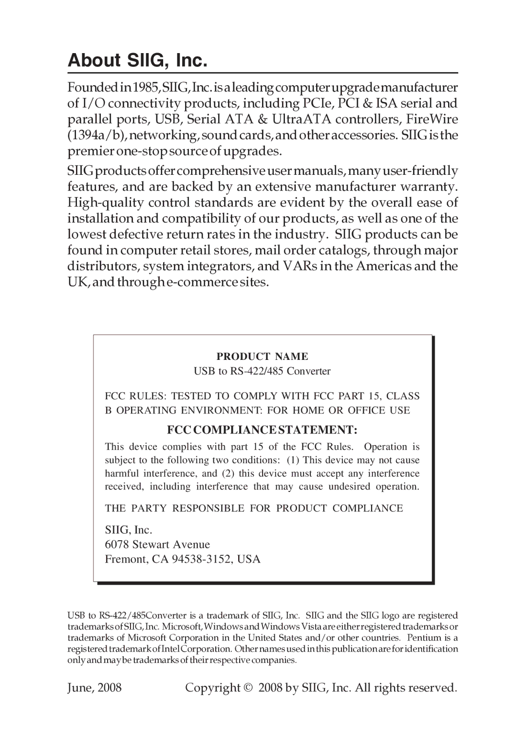 SIIG RS-485, RS-422 manual About SIIG, Inc, Product Name 