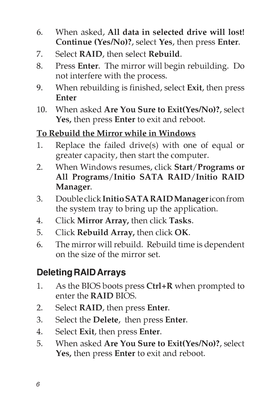 SIIG SATA II-150 specifications Deleting RAID Arrays, Click Mirror Array, then click Tasks 