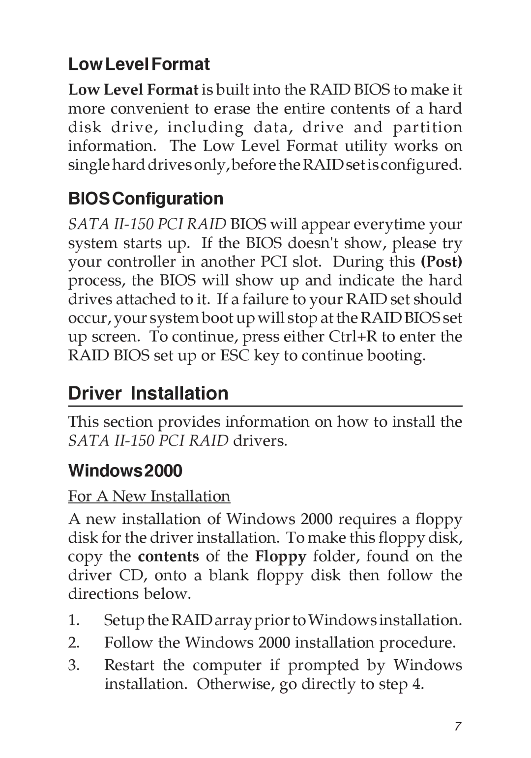 SIIG SATA II-150 specifications Driver Installation, Low Level Format, Bios Configuration, Windows2000 