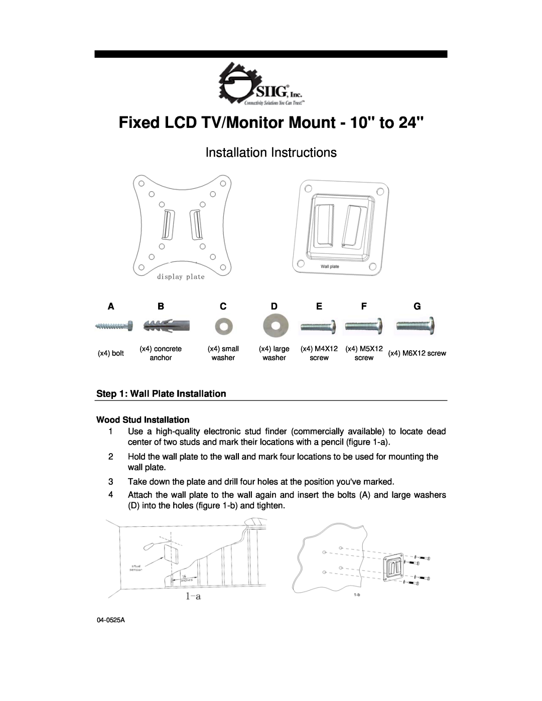 SIIG TV Mount installation instructions Wall Plate Installation, Wood Stud Installation, Installation Instructions 