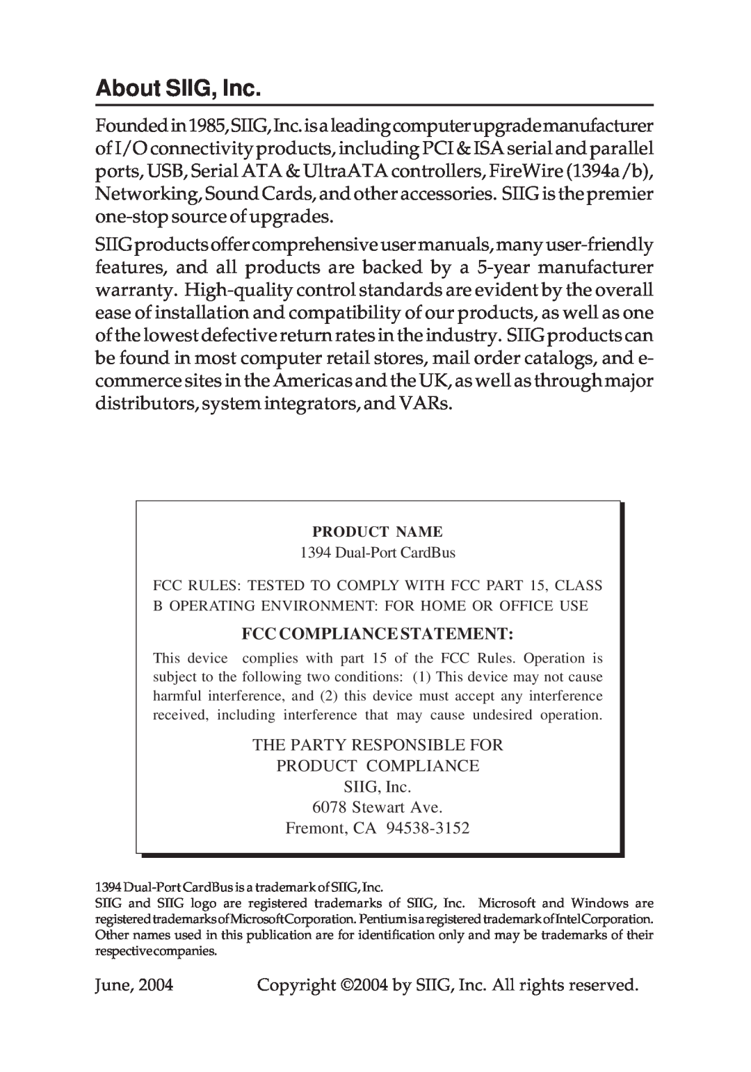 SIIG ZR, ZHLP, ZP manual About SIIG, Inc, Fcc Compliance Statement 