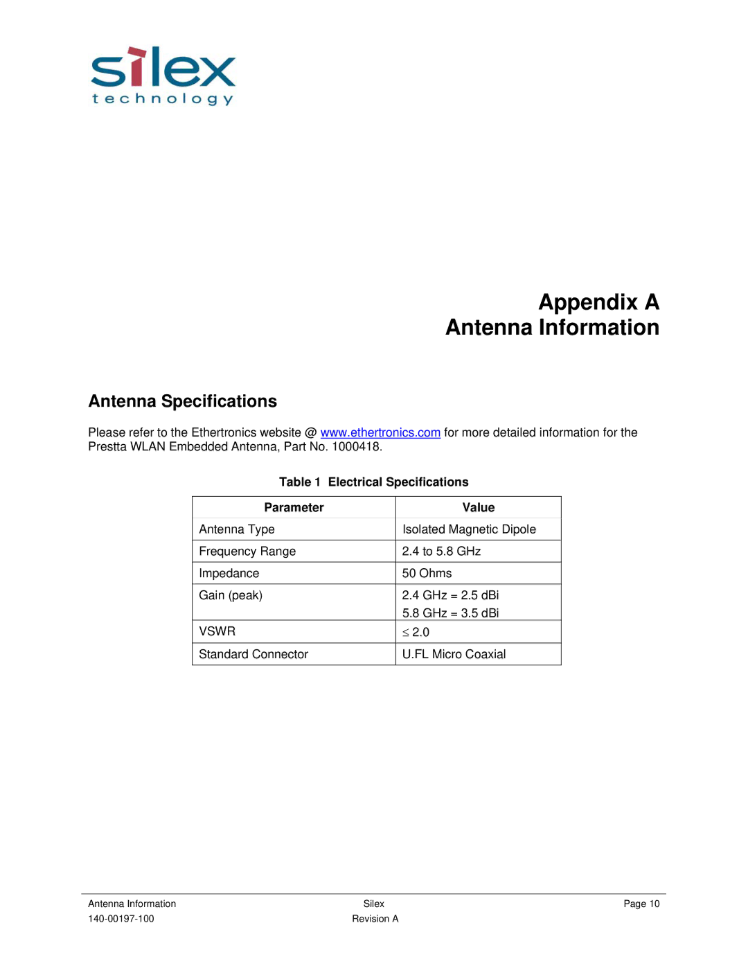 Silex technology 140-00197-100 Appendix a Antenna Information, Antenna Specifications, Electrical Specifications, Vswr 