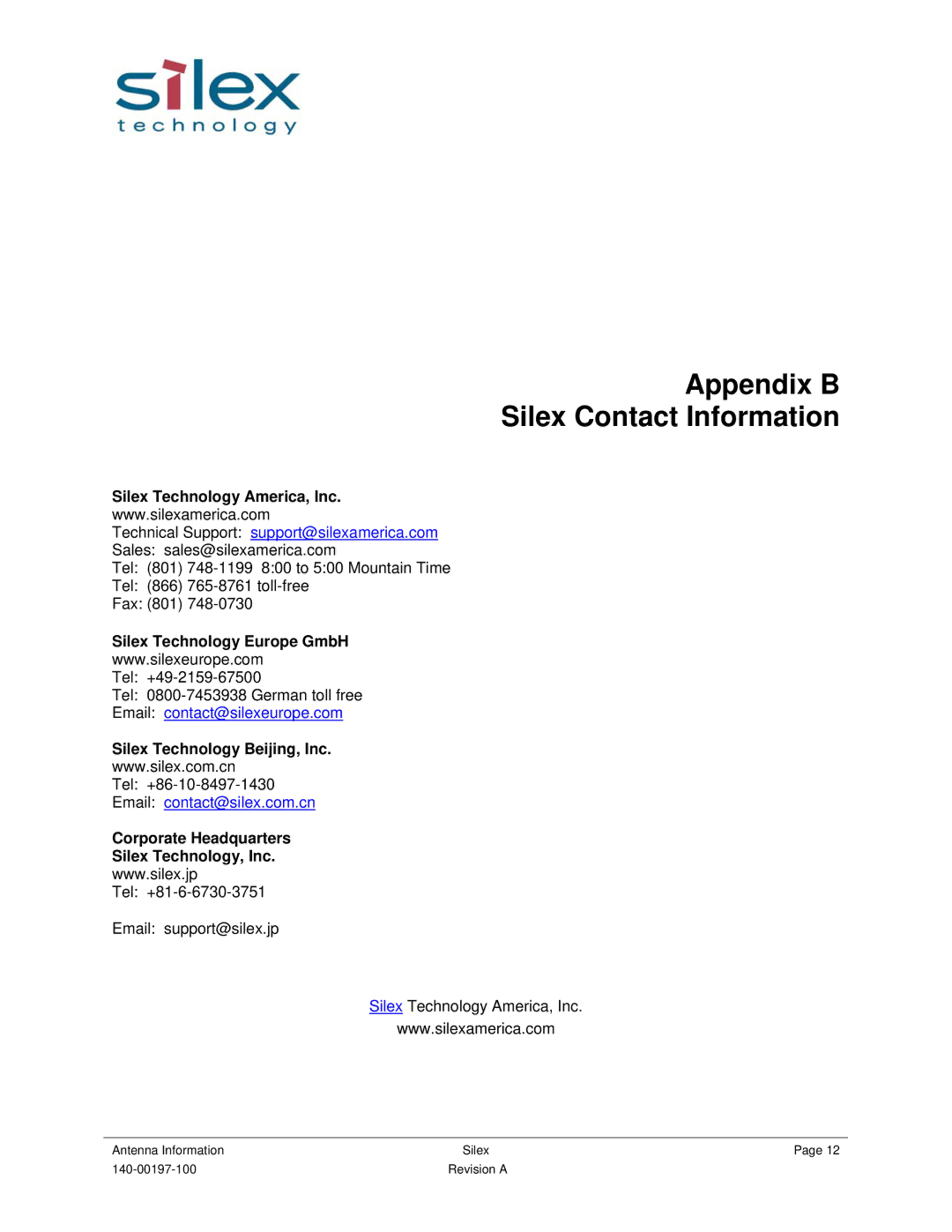 Silex technology 140-00197-100 user manual Appendix B Silex Contact Information, Silex Technology America, Inc 