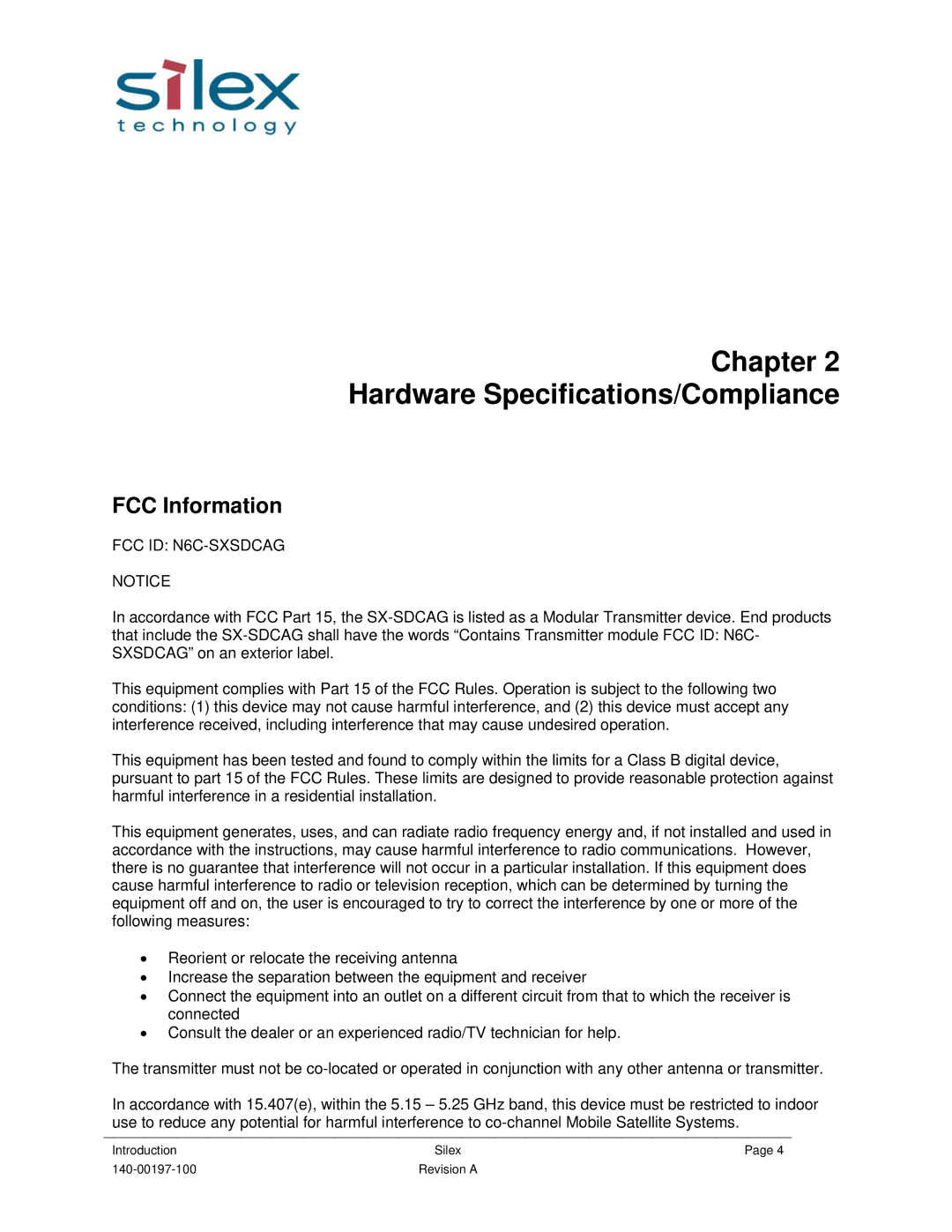 Silex technology 140-00197-100 user manual Chapter Hardware Specifications/Compliance, FCC Information, FCC ID N6C-SXSDCAG 