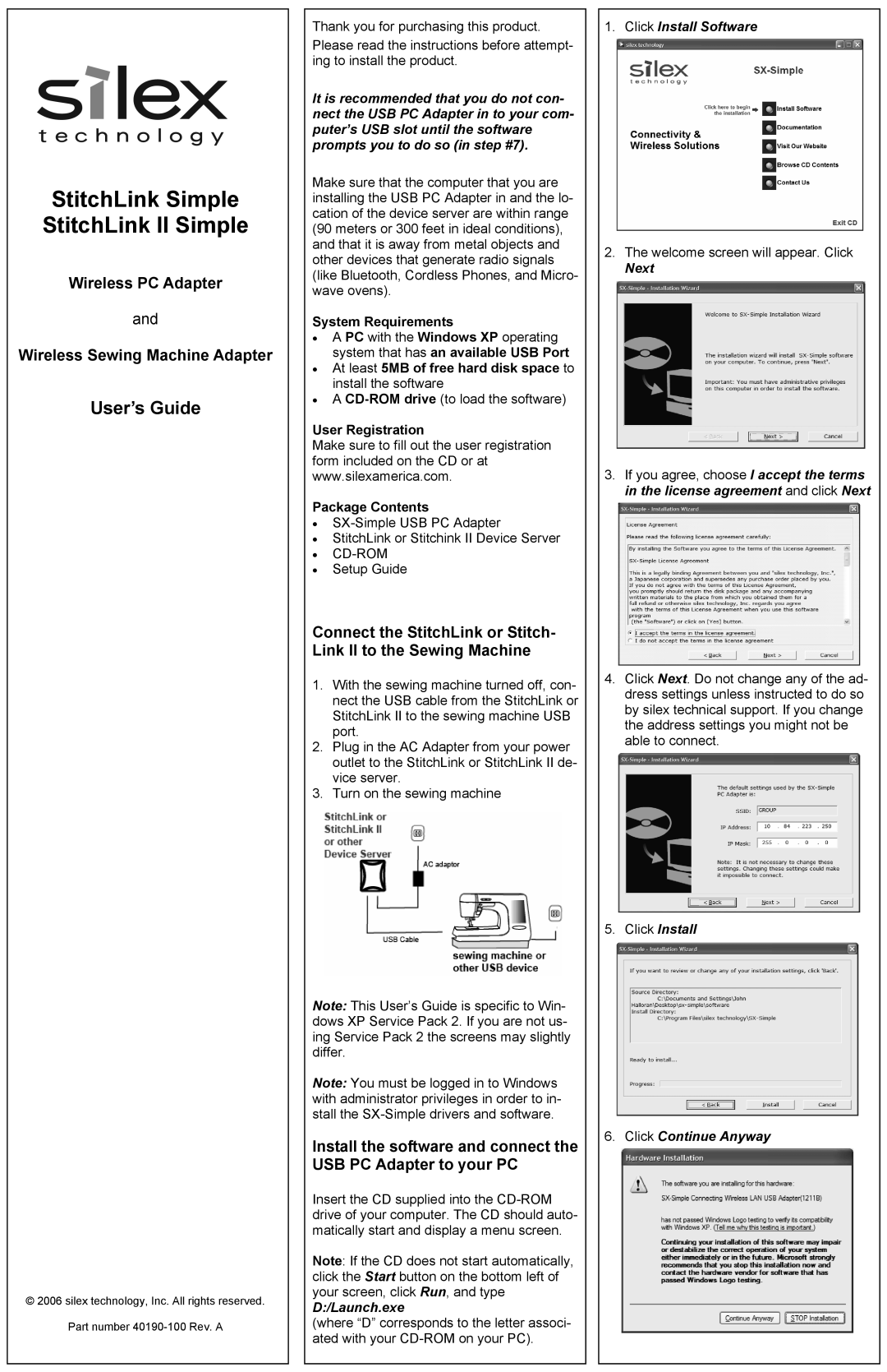 Silex technology 40190-100 setup guide User’s Guide, D/Launch.exe, Click Install Software, Next, Wireless PC Adapter 
