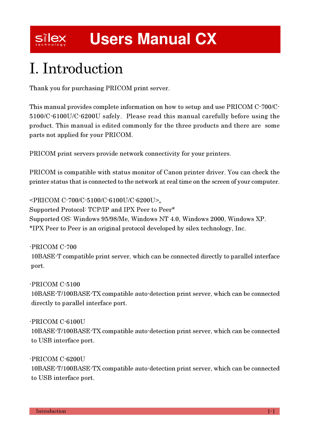 Silex technology C- 5100 user manual Pricom C-700, Pricom C-6100U, Pricom C-6200U 