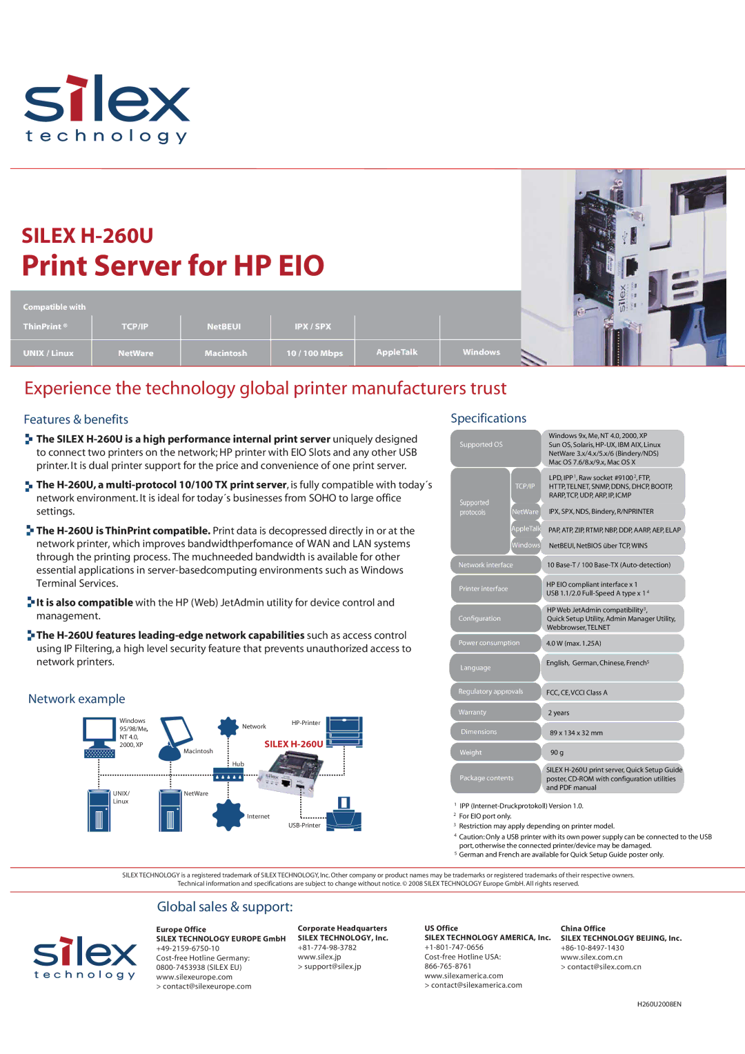 Silex technology H-260U specifications Print Server for HP EIO, Global sales & support, Features & benefits Specifications 