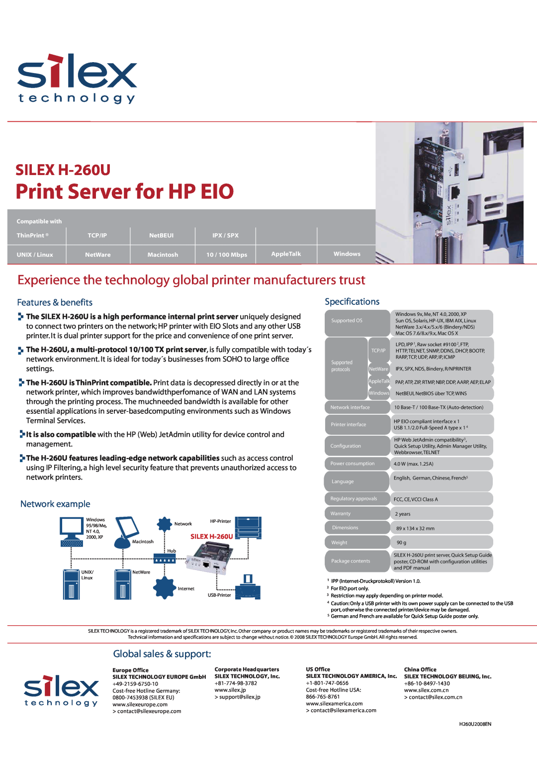 Silex technology specifications Print Server for HP EIO, SILEX H-260U, Global sales & support, Features & benefits 