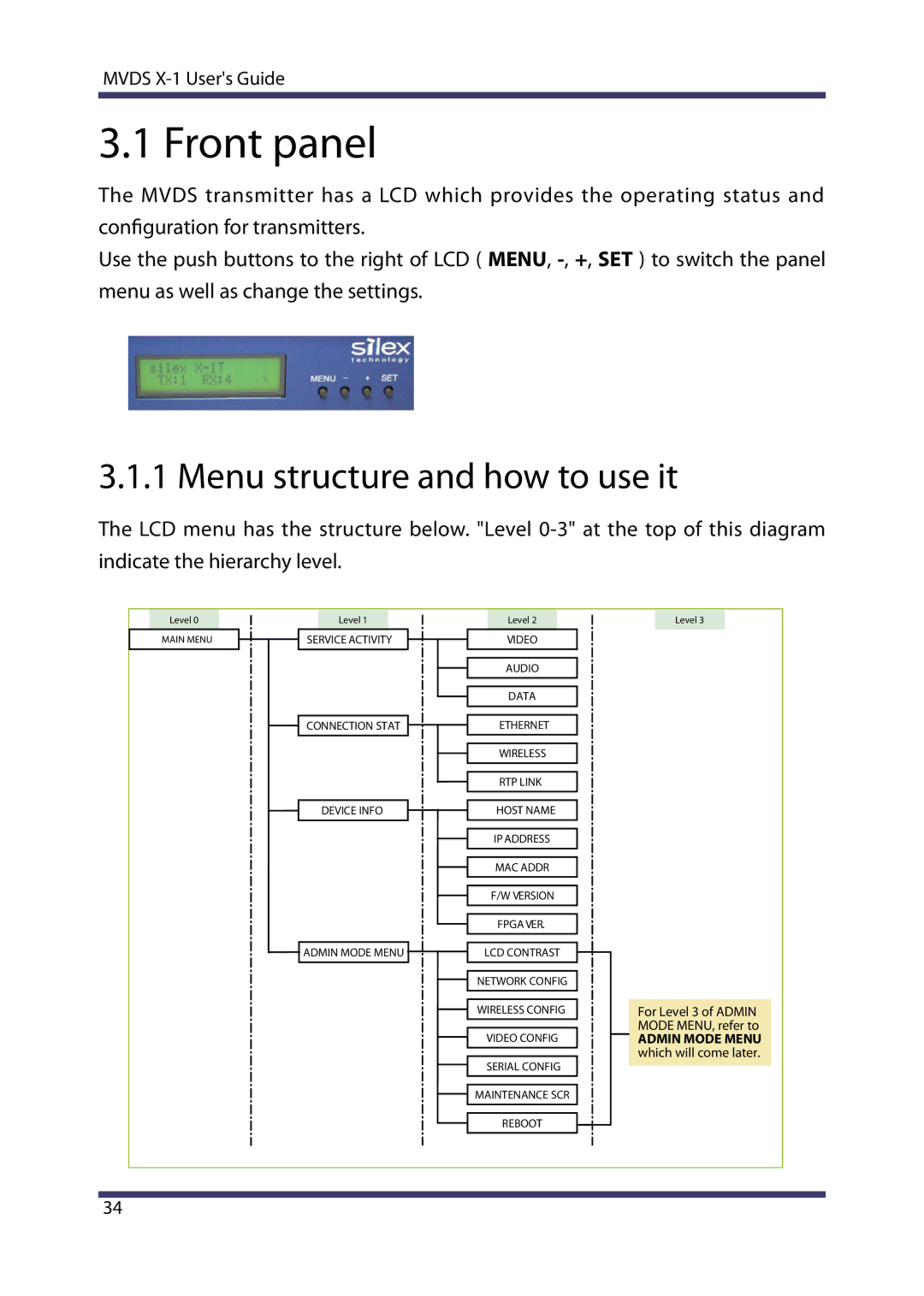 Silex technology MVDS X-1 manual Front panel, Menu structure and how to use it 