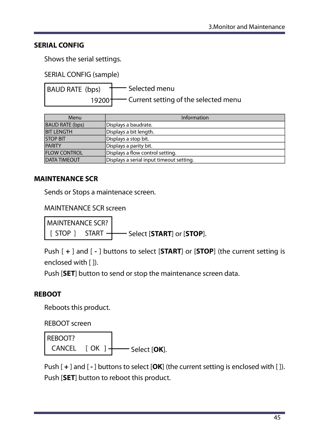 Silex technology MVDS X-1 manual Shows the serial settings, Sends or Stops a maintenace screen 