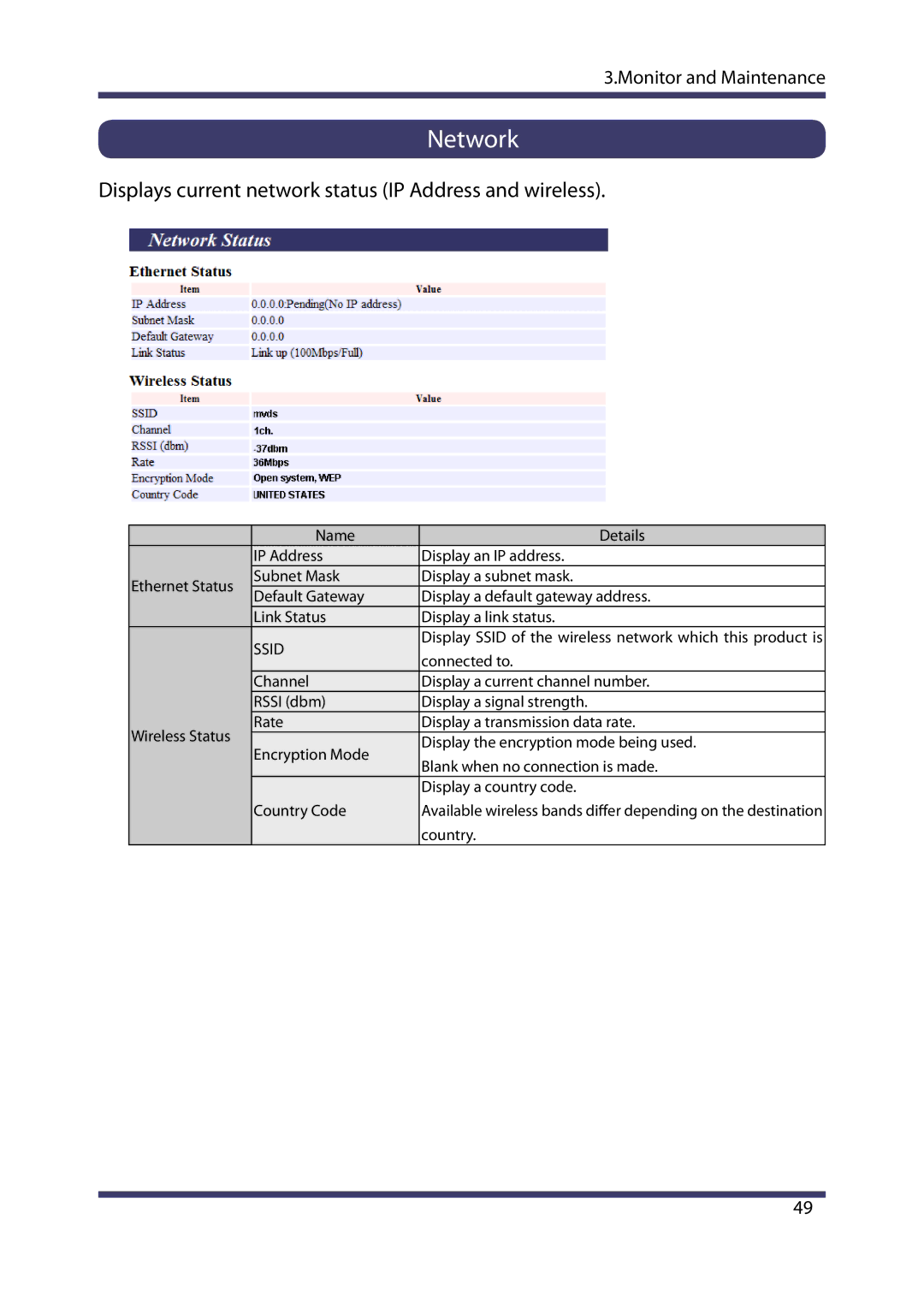 Silex technology MVDS X-1 manual Network, Displays current network status IP Address and wireless 