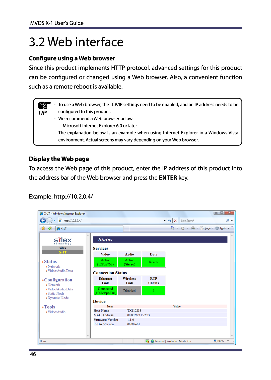 Silex technology MVDS X-1 manual Web interface, Configure using a Web browser, Display the Web page 