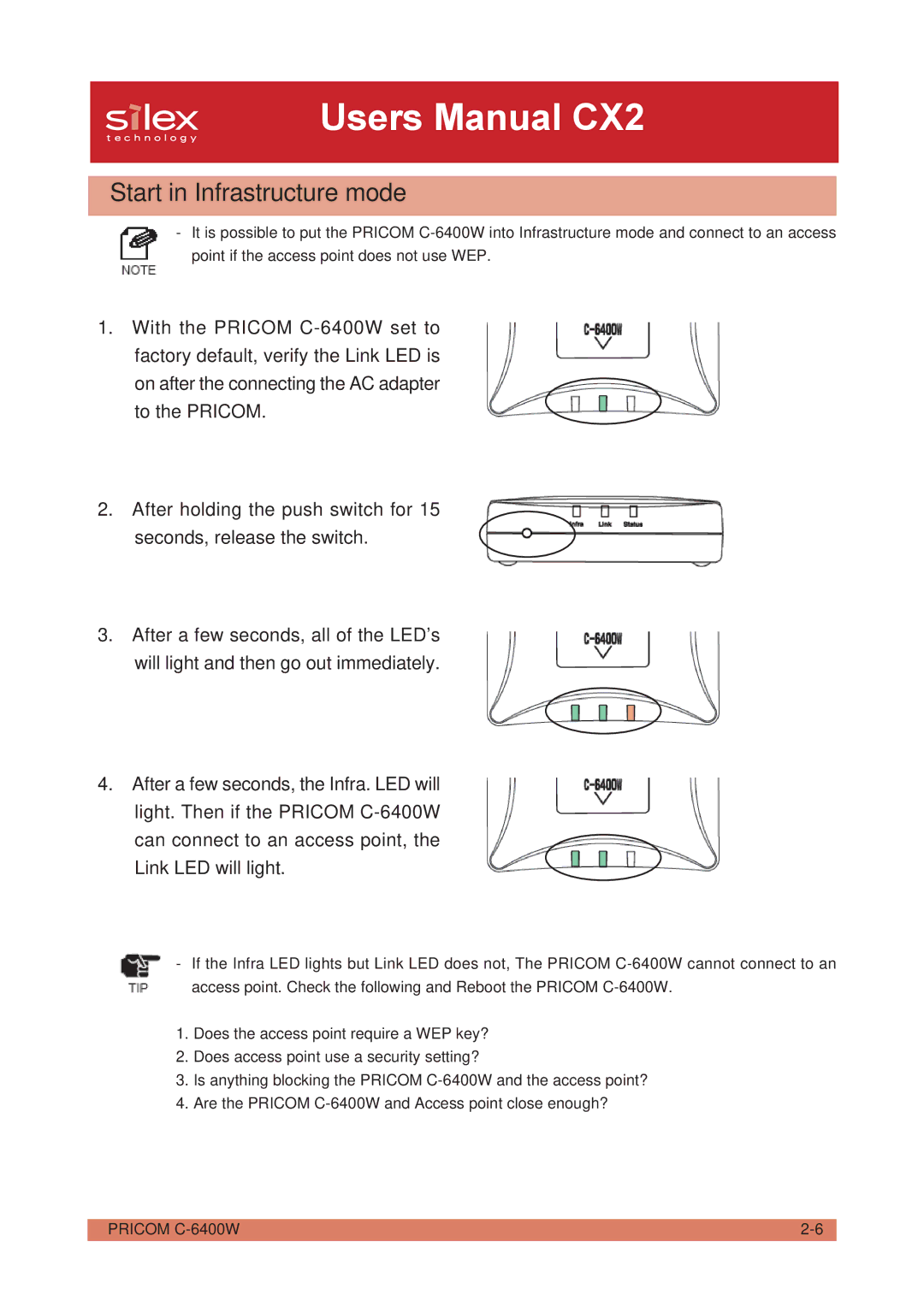 Silex technology PRICOM C-6400W manual Start in Infrastructure mode 