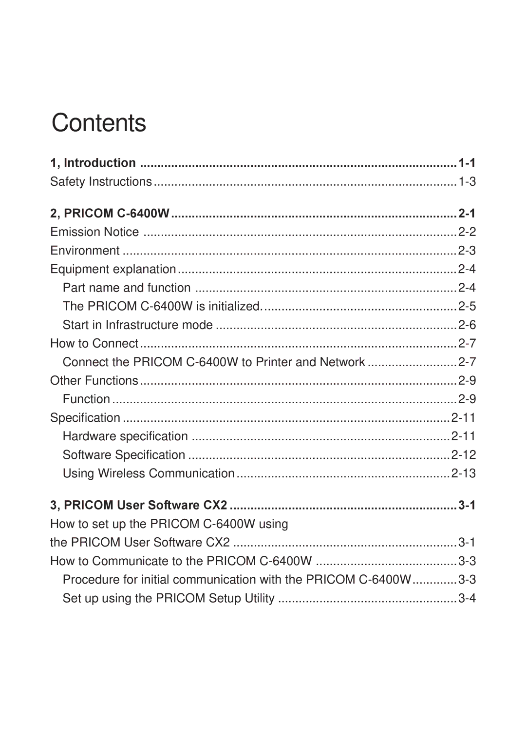 Silex technology PRICOM C-6400W manual Contents 