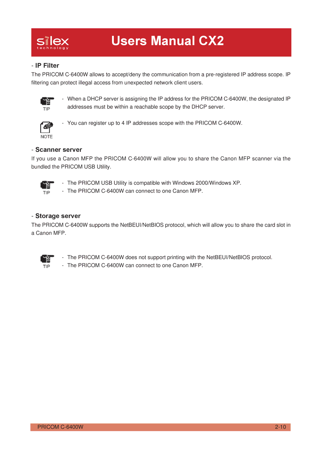 Silex technology PRICOM C-6400W manual IP Filter, Scanner server, Storage server 
