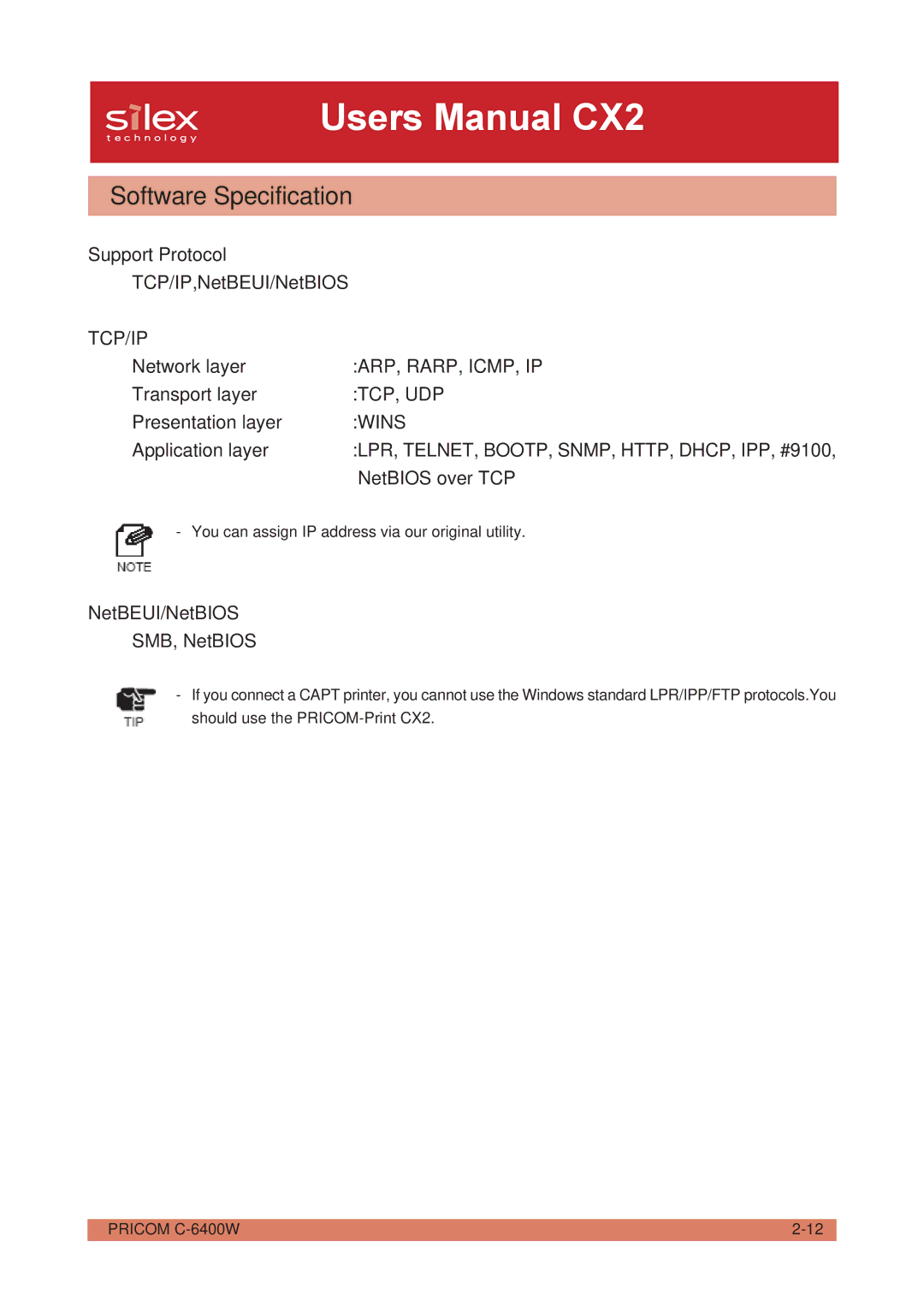 Silex technology PRICOM C-6400W manual Software Specification 