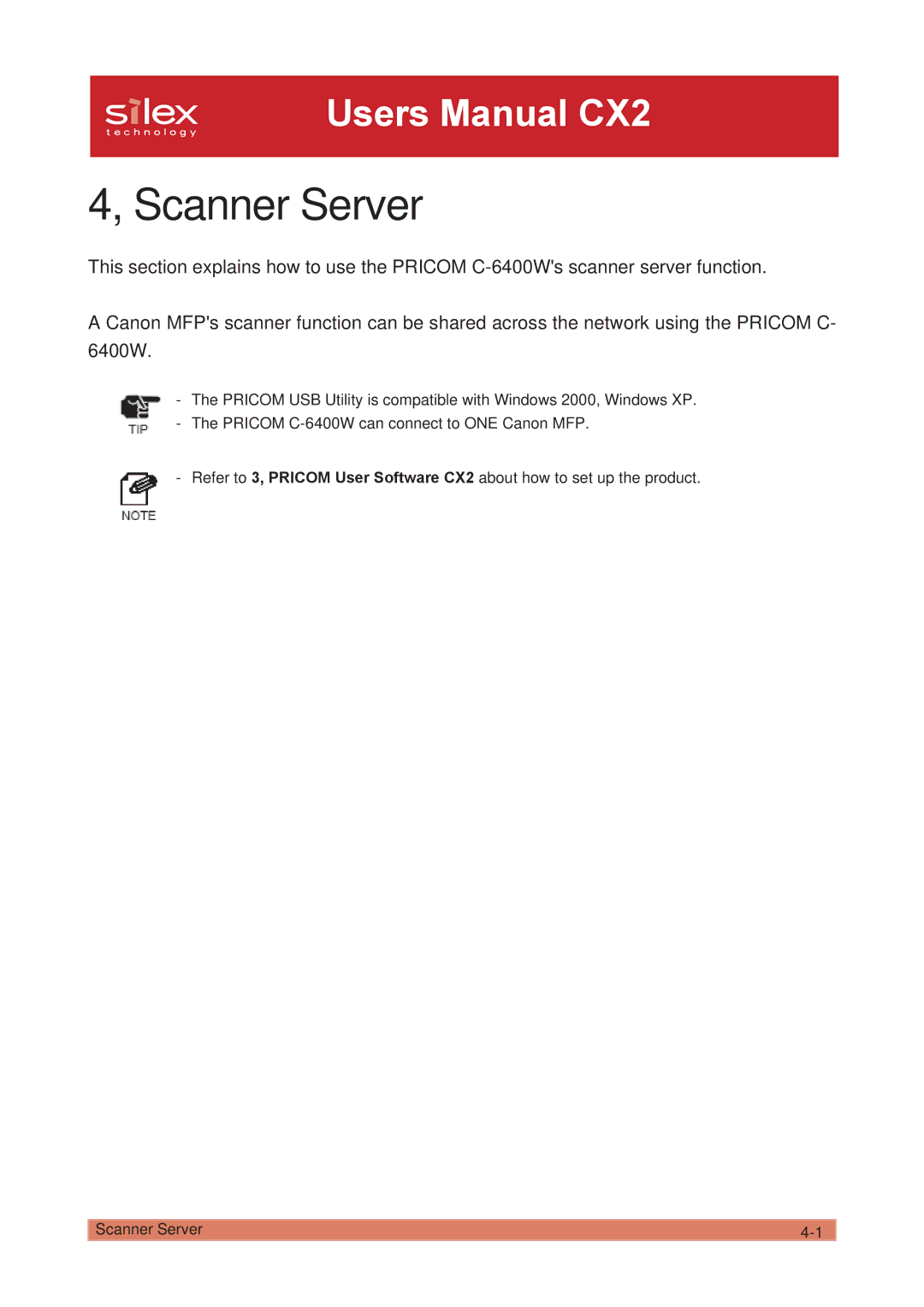 Silex technology PRICOM C-6400W manual Scanner Server 