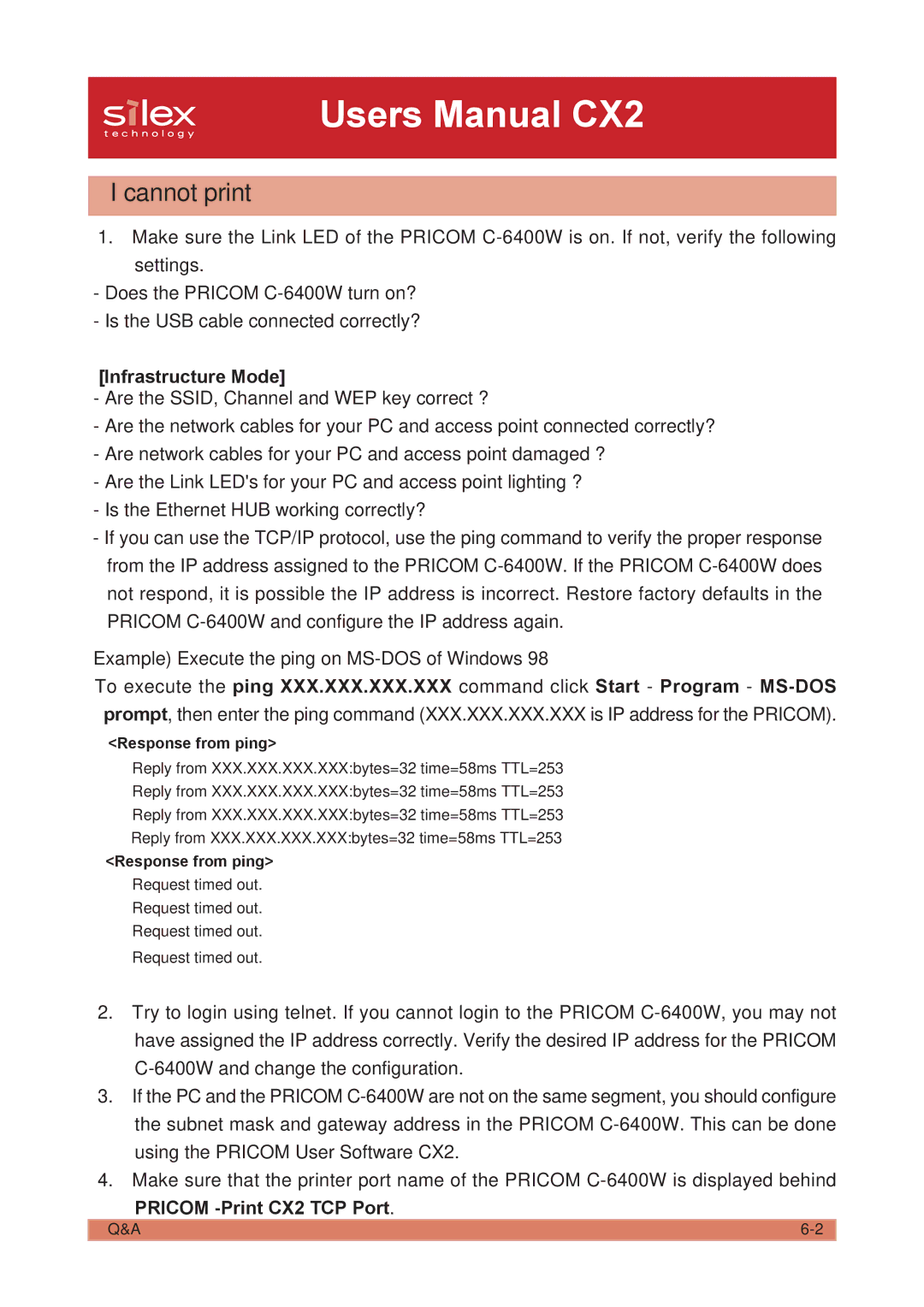 Silex technology PRICOM C-6400W manual Cannot print, Pricom -Print CX2 TCP Port 